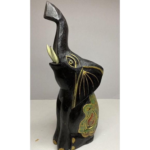 Hand Painted Carved Wooden Elephant Figurine Statue Rustic Hand Primitif Asian - Picture 4 of 13